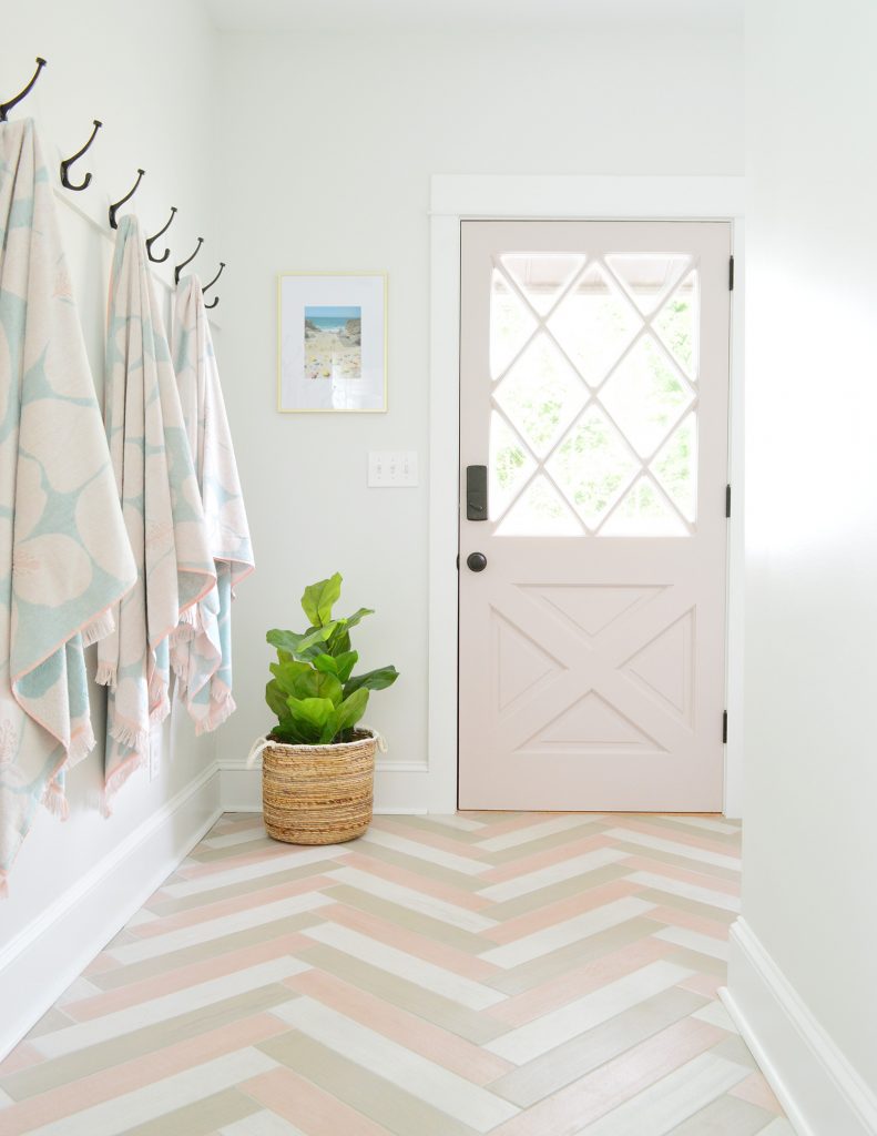 Pink Diamond Door In Mudroom With Herringbone Pink Tile Floor