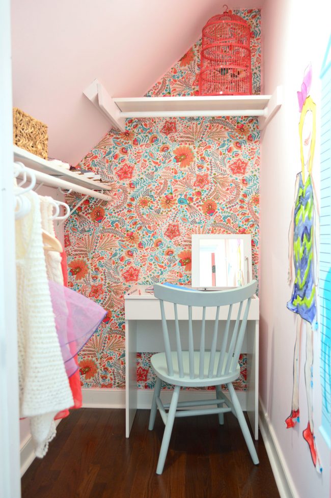 girls bedroom closet writing desk fabric wallpaper