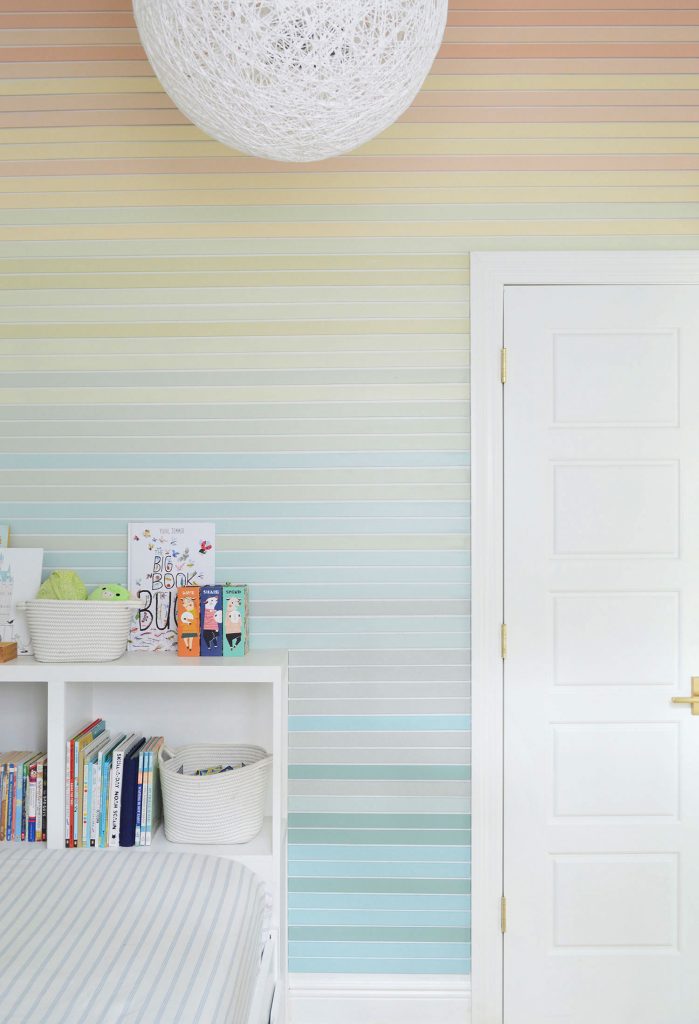 Floor To Ceiling View Straight On Of Colorful Stripe Wall Molding Treatment