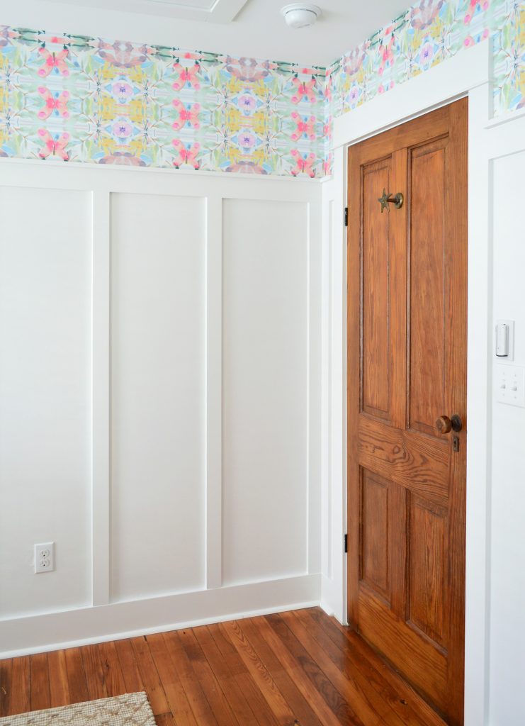 Wood Door In Room With White Board And Batten And Colorful Peel And Stick Wallpaper