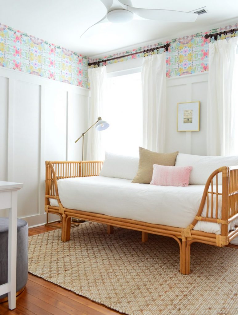 Bedroom With Board And Batten Wallpaper And Rattan Daybed