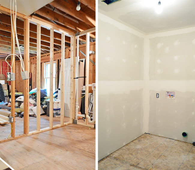 before and after of room without drywall and with finished drywall