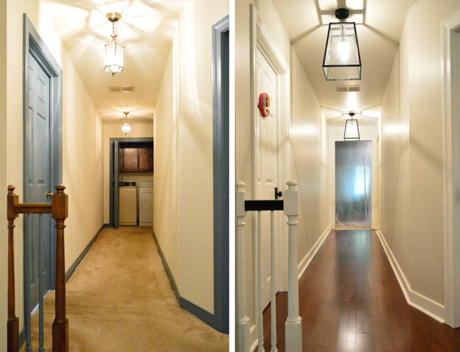 before and after side by side of hallway with new doorway at the end