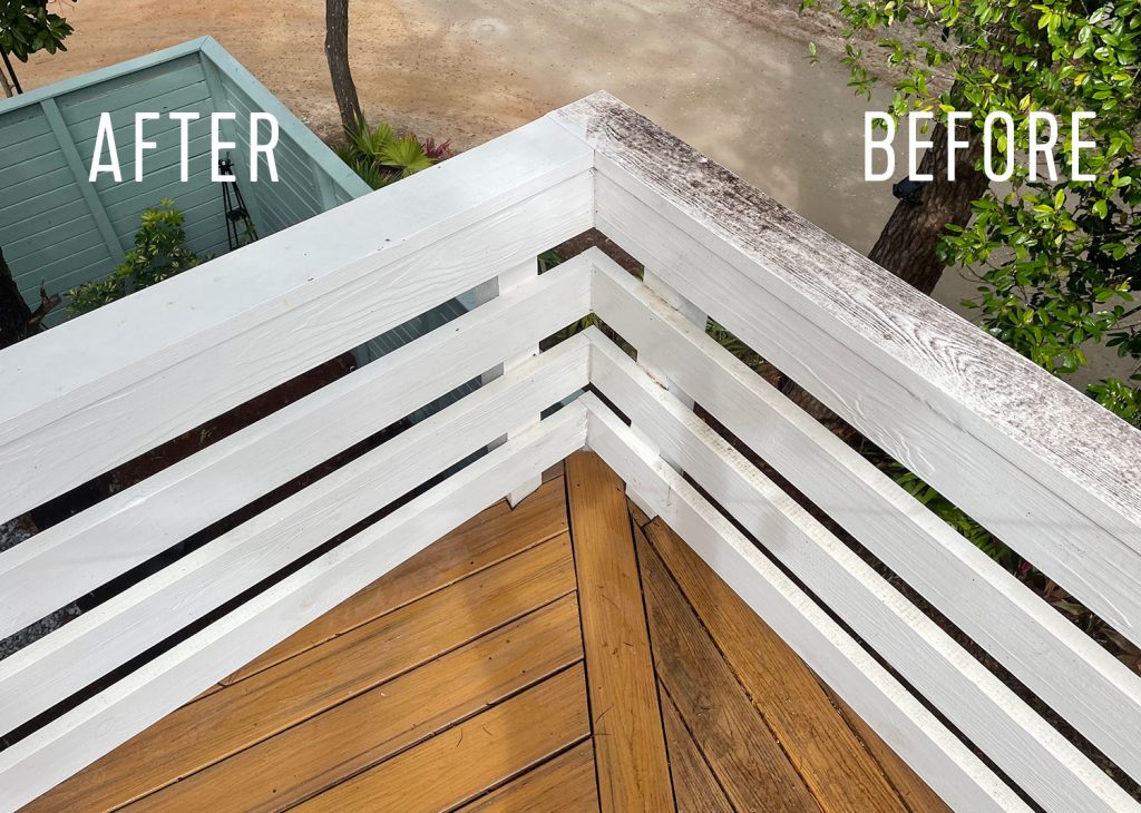 Before And After of upper deck with half pressure washed railings and Trex decking