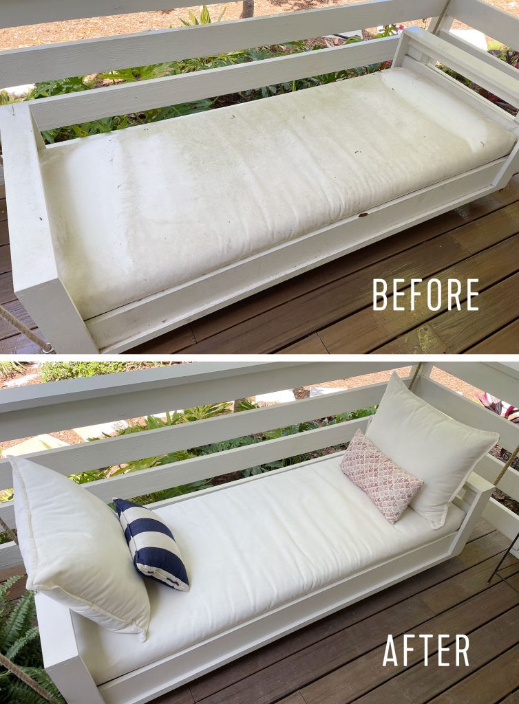 Side-by-side Before and After of Pressure Washed Outdoor Swing Cushion